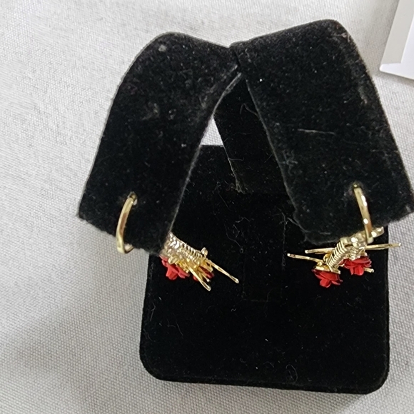 Gold Dangle Earrings with Butterfly and Red Rose Flower - Picture 9 of 11
